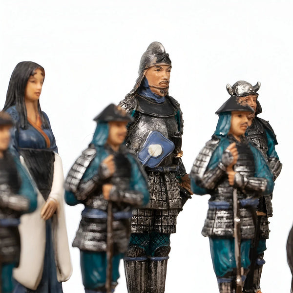 Samurai Set Hand Painted Resin Chess Pieces+Leatherette Red Chessboard Box