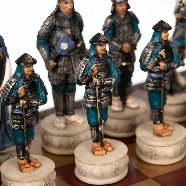 Samurai Set Hand Painted Resin Chess Pieces+Leatherette Red Chessboard Box