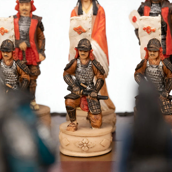 Samurai Set Hand Painted Resin Chess Pieces+Leatherette Red Chessboard Box