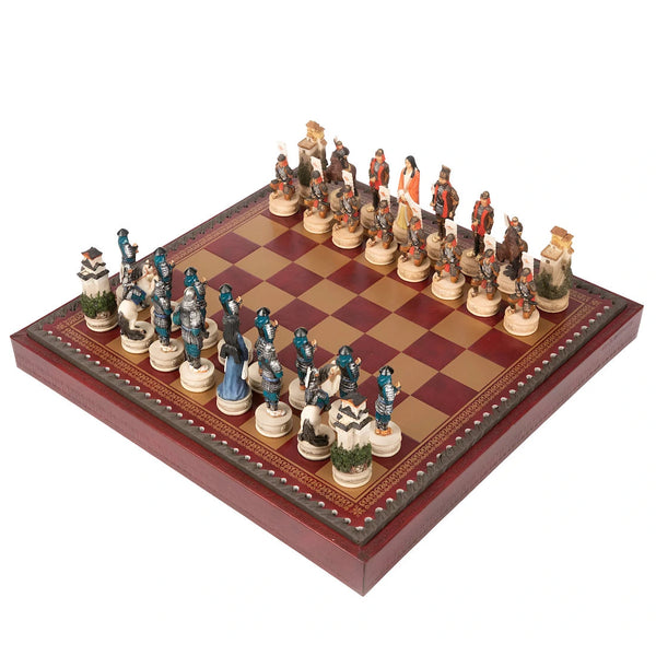 Samurai Set Hand Painted Resin Chess Pieces+Leatherette Red Chessboard Box