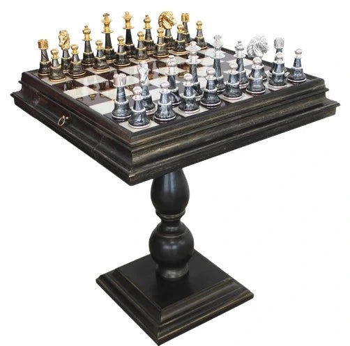 Staunton XL Fantasy Style + Black Finish Wood Chess Table Marble Top Double Drawer