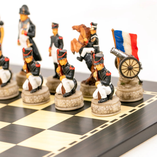 Hand painted Chess Set Waterloo Battle+Wooden Ebony Style Chessboard