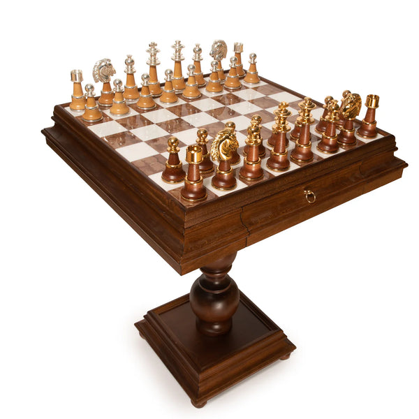 Staunton XL Set + Tilia Wood Chess table Marble Top Double Drawer