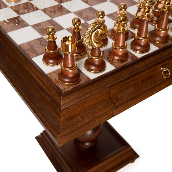 Staunton XL Set + Tilia Wood Chess table Marble Top Double Drawer