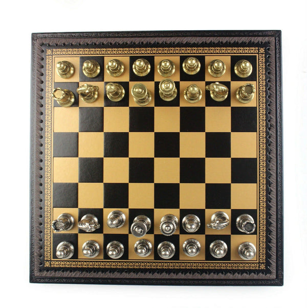 Staunton Set + Leatherette Chessboard Gold Black