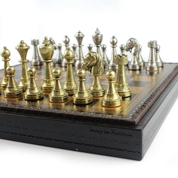 Staunton Set + Leatherette Chessboard Gold Black