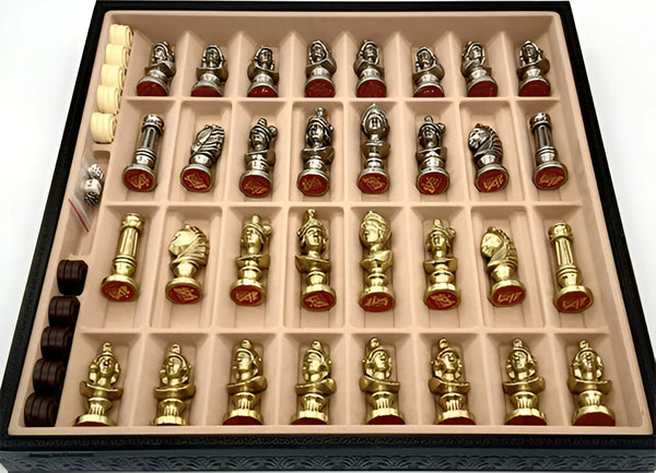 Roman Heads Set + Leatherette Chessboard Gold Black
