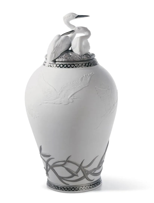 Herons Realm Covered Vase Silver Lustre