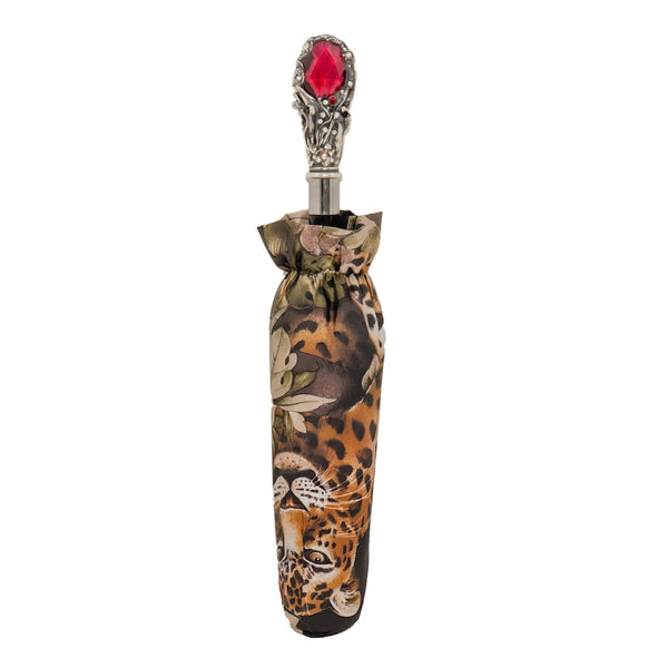 Leopard Folding Umbrella with Red Gem and Crystals