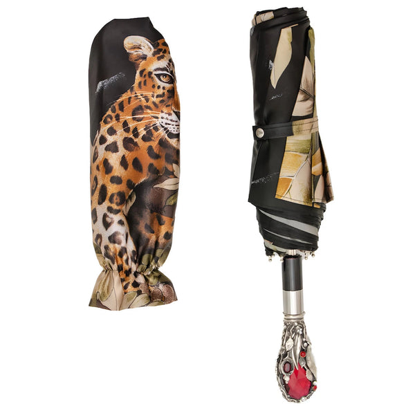 Leopard Folding Umbrella with Red Gem and Crystals