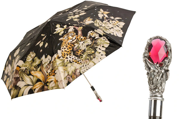 Leopard Folding Umbrella with Red Gem and Crystals