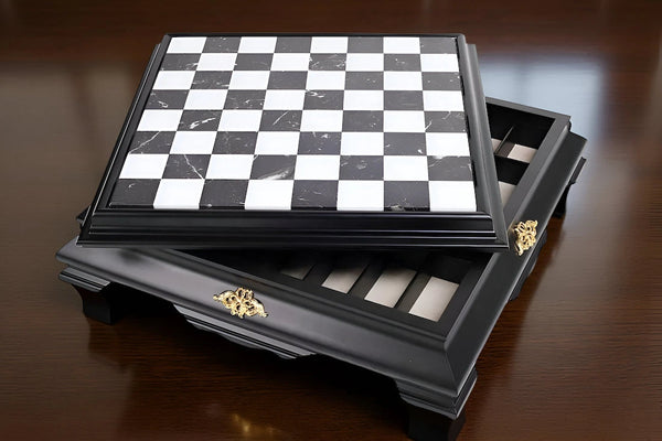 Black wooden Chessboard Box Marble Top