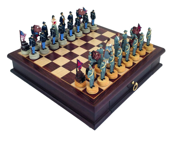 American Civil War Hand Chess Pieces + Rosewood Chess Board