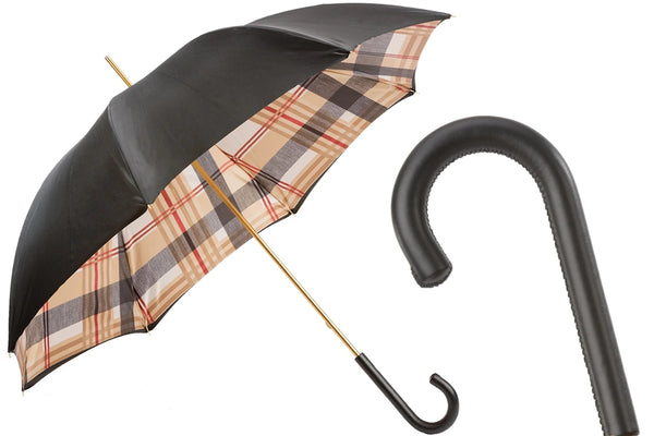 Tartan Lined Black Umbrella with Leather Handle