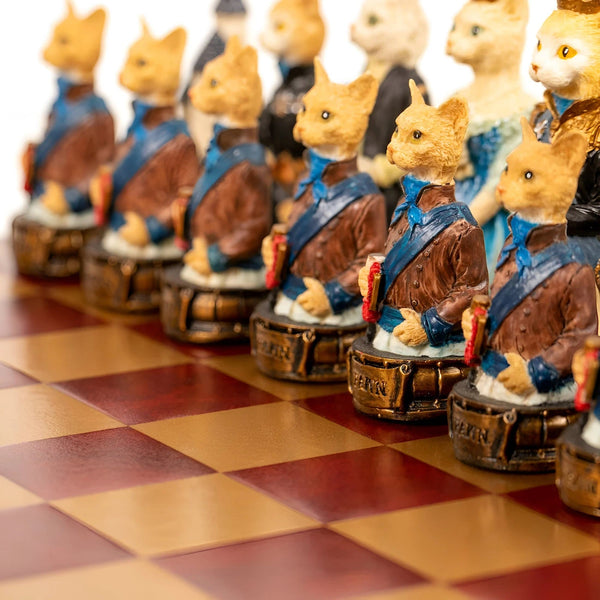 Dogs vs Cats Solid resin chess pieces + Gold Burgundy Leatherette chessboard