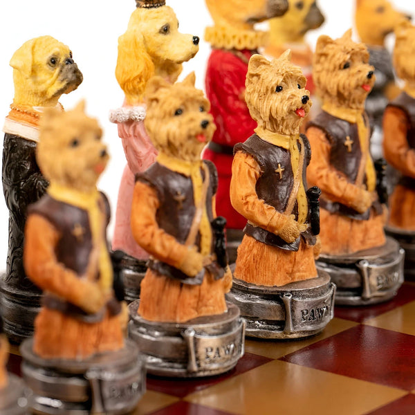 Dogs vs Cats Solid resin chess pieces + Gold Burgundy Leatherette chessboard