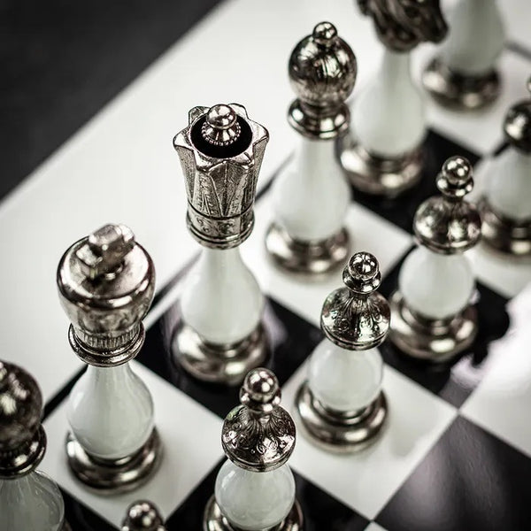 Arabesque Metal Wood Chess Pieces with White Black Chess Board Large