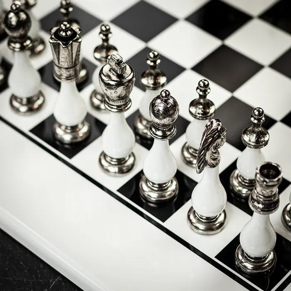 Arabesque Metal Wood Chess Pieces with White Black Chess Board Large