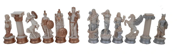 Greek Mythology Chess Set with Black+White Lacquered Wooden Chess Board