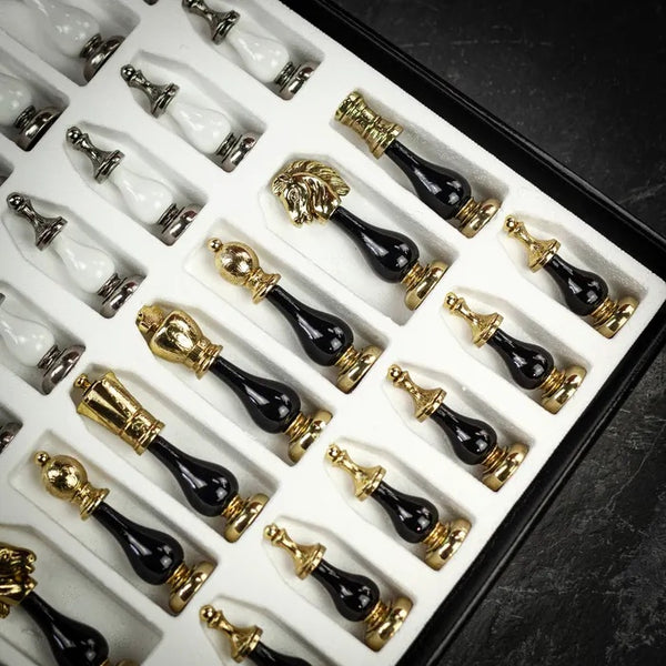 Arabesque Metal Wood Chess Pieces with White Black Chess Board Large