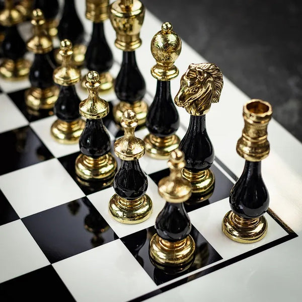 Arabesque Metal Wood Chess Pieces with White Black Chess Board Large