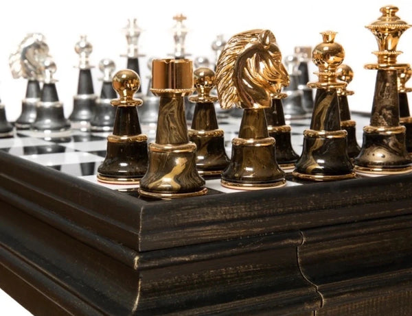 Staunton XL Fantasy Style + Tilia Black Finish Wood Chess Table Marble Top Double Drawer