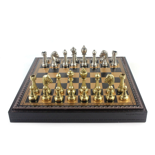 Staunton Set + Leatherette Chessboard Gold Black