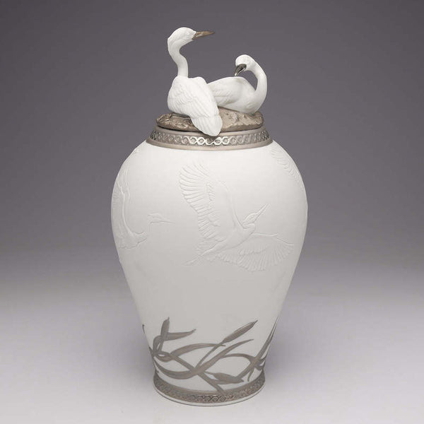 Herons Realm Covered Vase Silver Lustre
